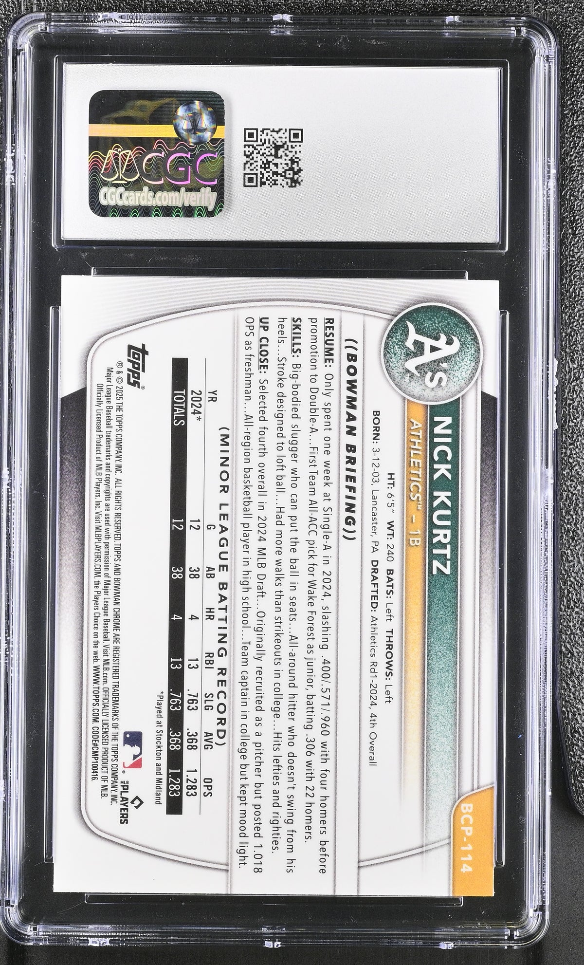 2025 Bowman Nick Kurtz #BCP-114 Chrome Prospects CGC 10