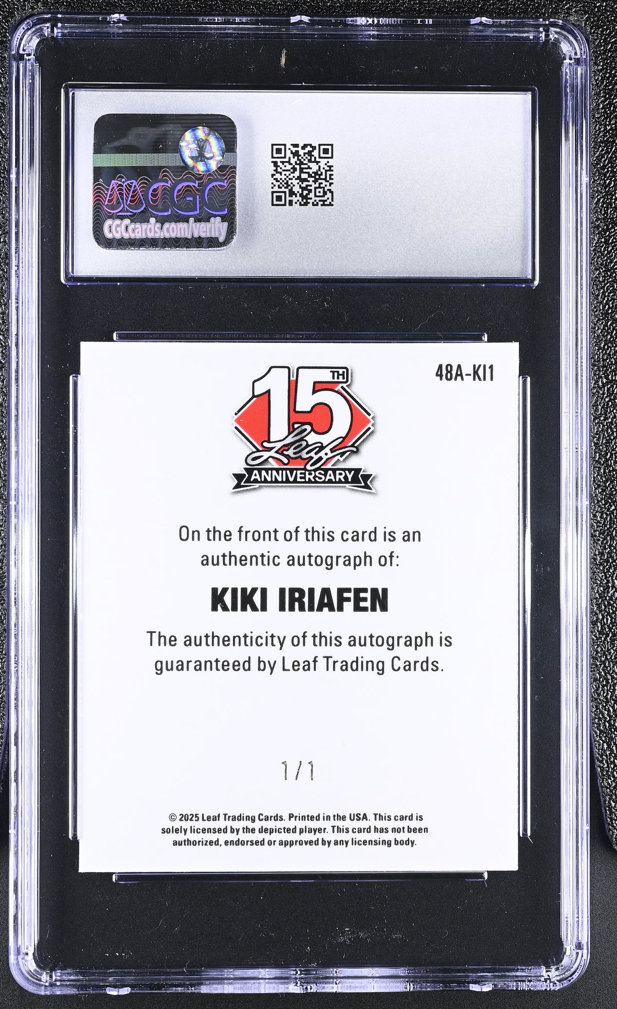 2025 Leaf 15th Anniversary Kiki Iriafen Green Shimmer 1/1 Auto Rookie CGC 9.5