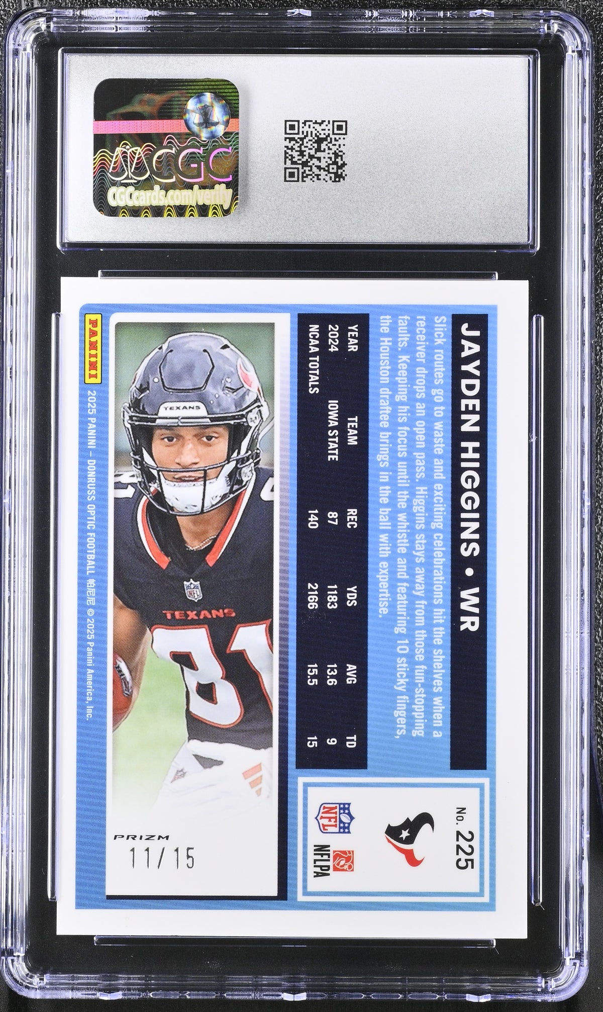 2025 Donruss Optic Jayden Higgins Purple Stars /15 Rookie #225 CGC 10 Texans