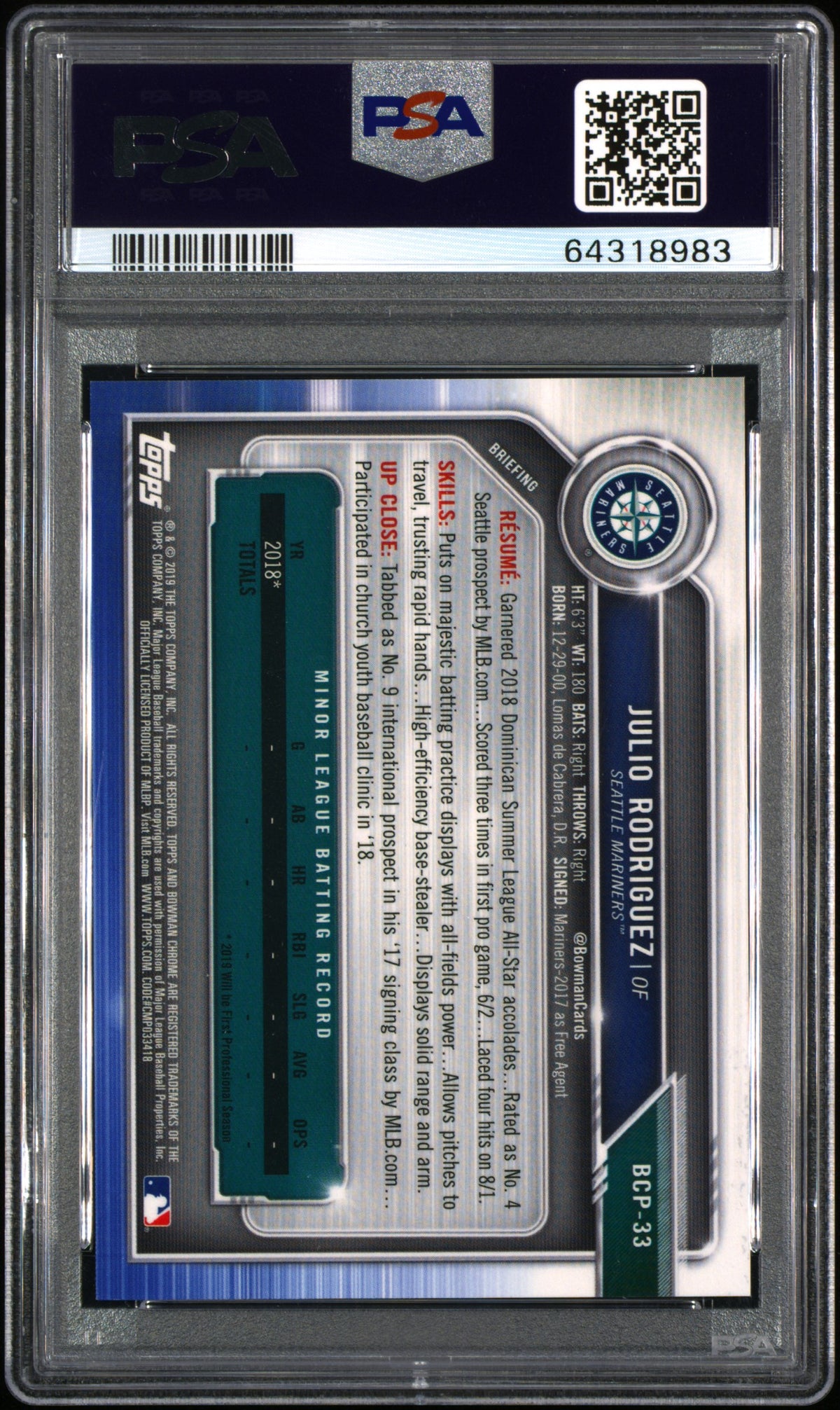 2019 Bowman Mega Box Chrome Julio Rodriguez Purple /250 Rookie 33 PSA 9 Mariners