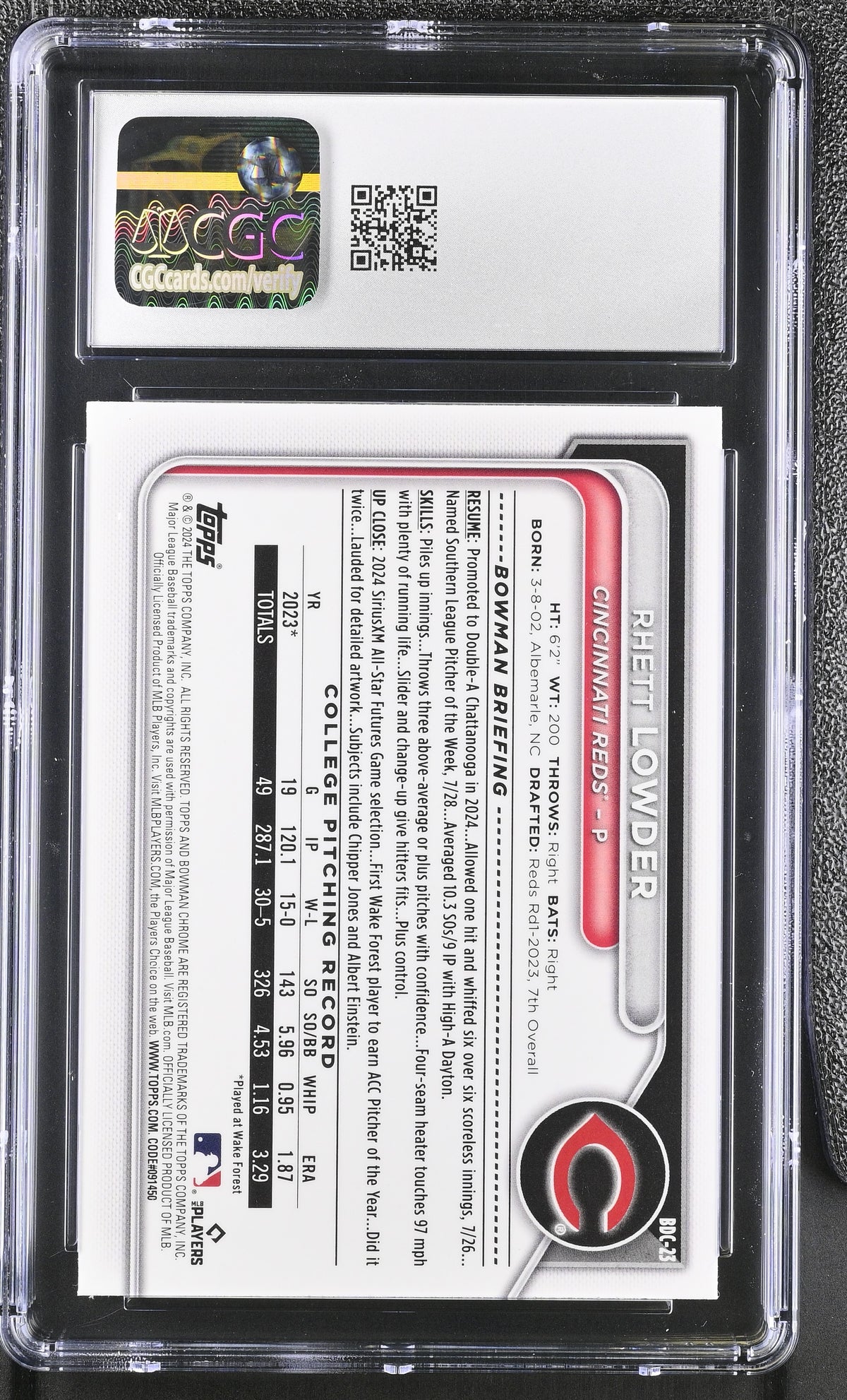 2024 Bowman Draft Rhett Lowder Steel Metal /100 Rookie Chrome BDC-23 CGC 10 Reds