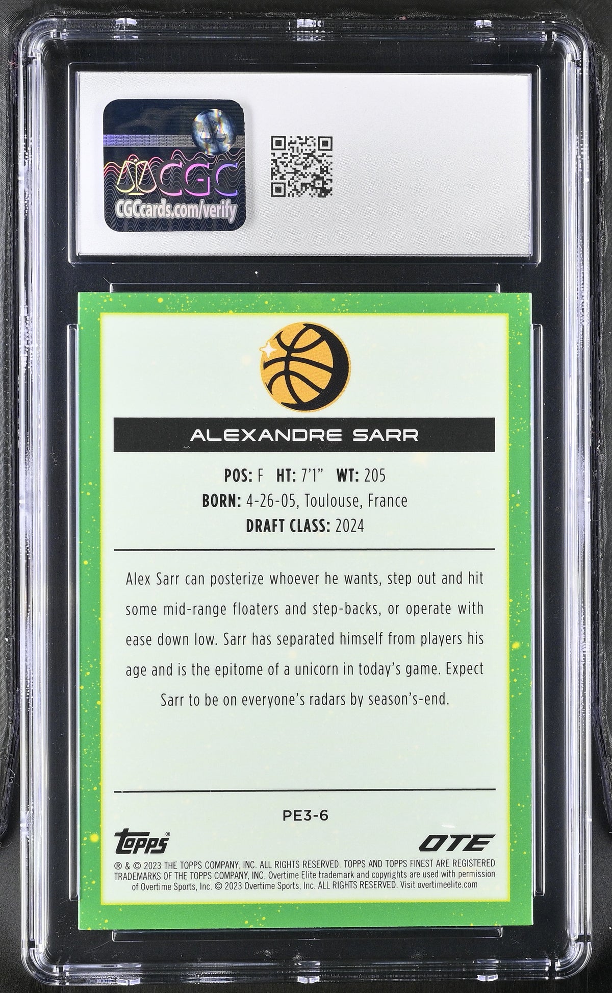 2022-23 Topps Finest Overtime Elite Alexandre Sarr Rookie Planet Elite 3 CGC 10