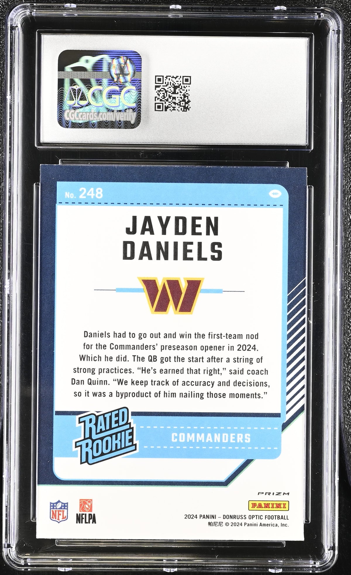 2024 Donruss Optic Jayden Daniels Purple Shock Rookie #248 CGC 10 Commanders