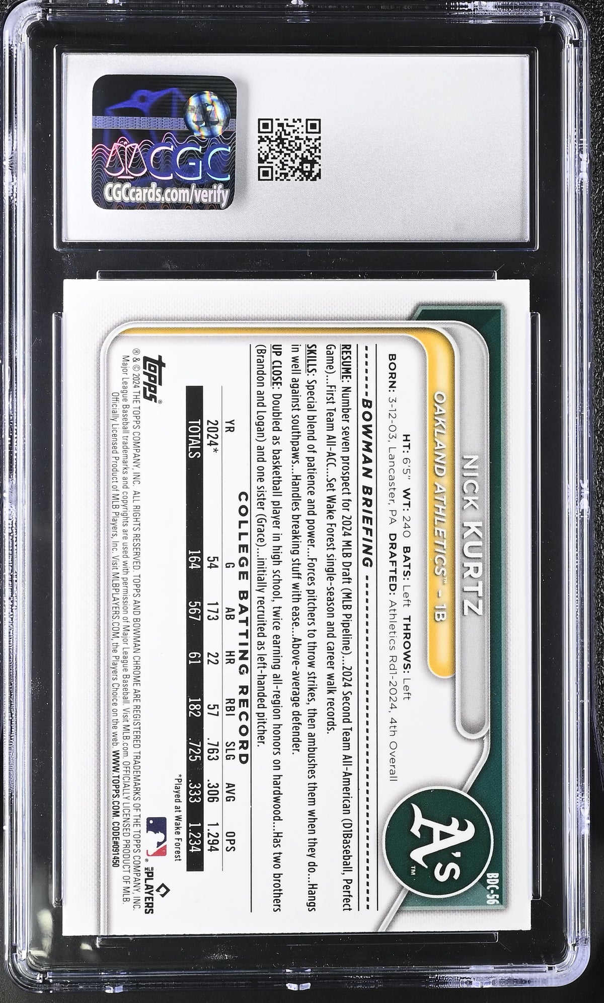 2024 Bowman Draft Nick Kurtz Rookie Chrome #BDC-56 CGC 10 Oakland Athletics