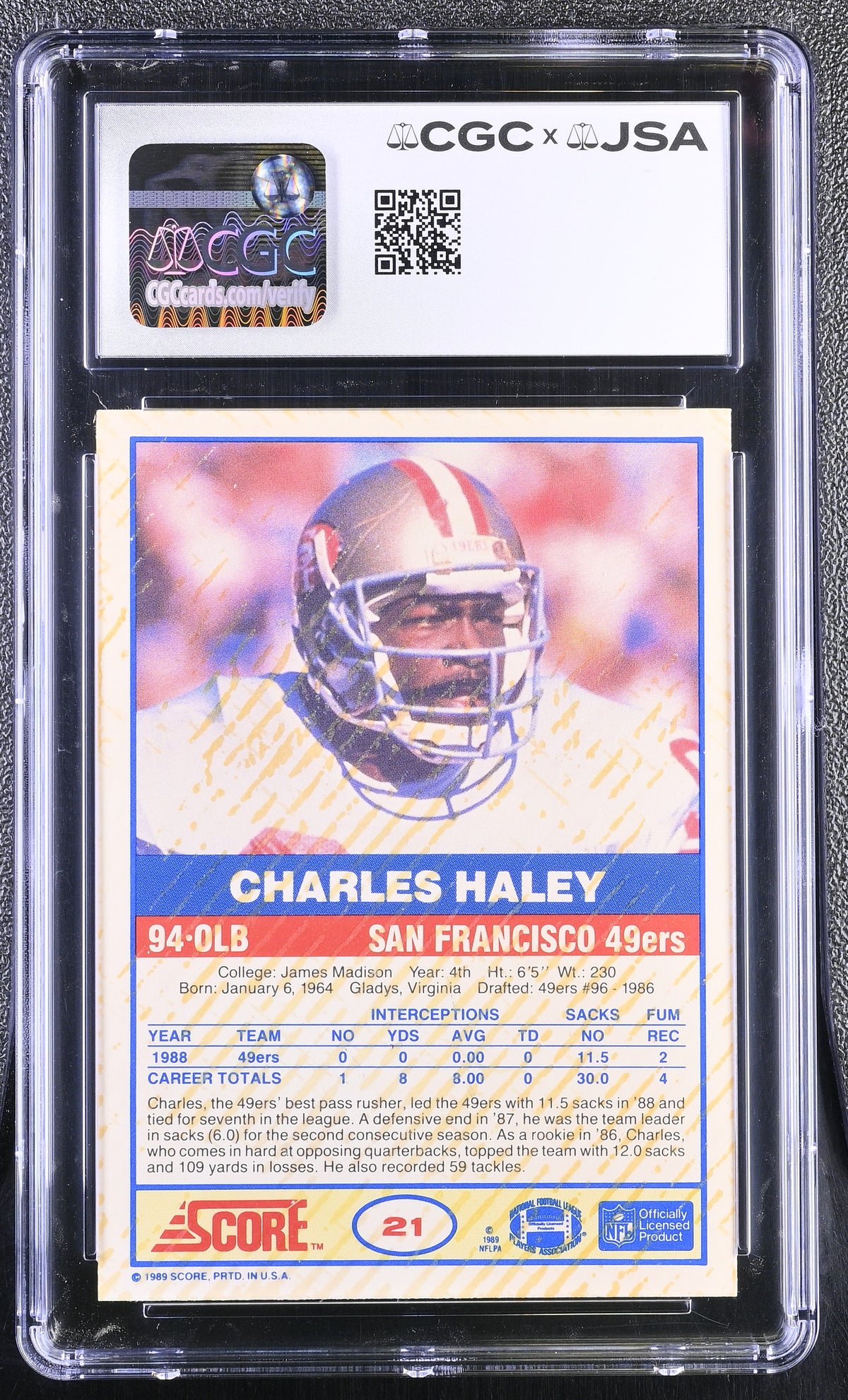1989 Score Charles Haley #21 CGC Authentic JSA