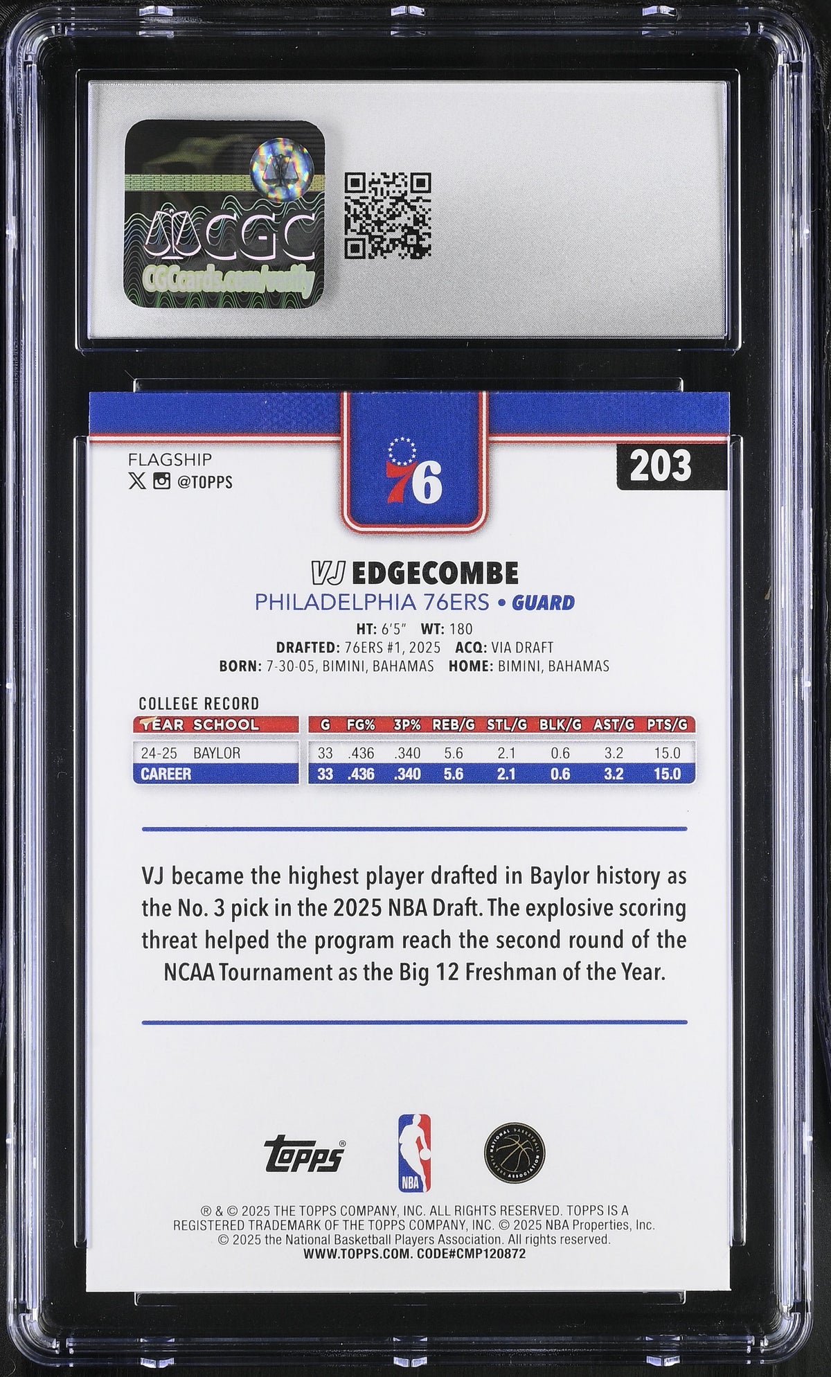 2025-26 Topps VJ Edgecombe Rookie #203 CGC 10 Philadelphia 76ers