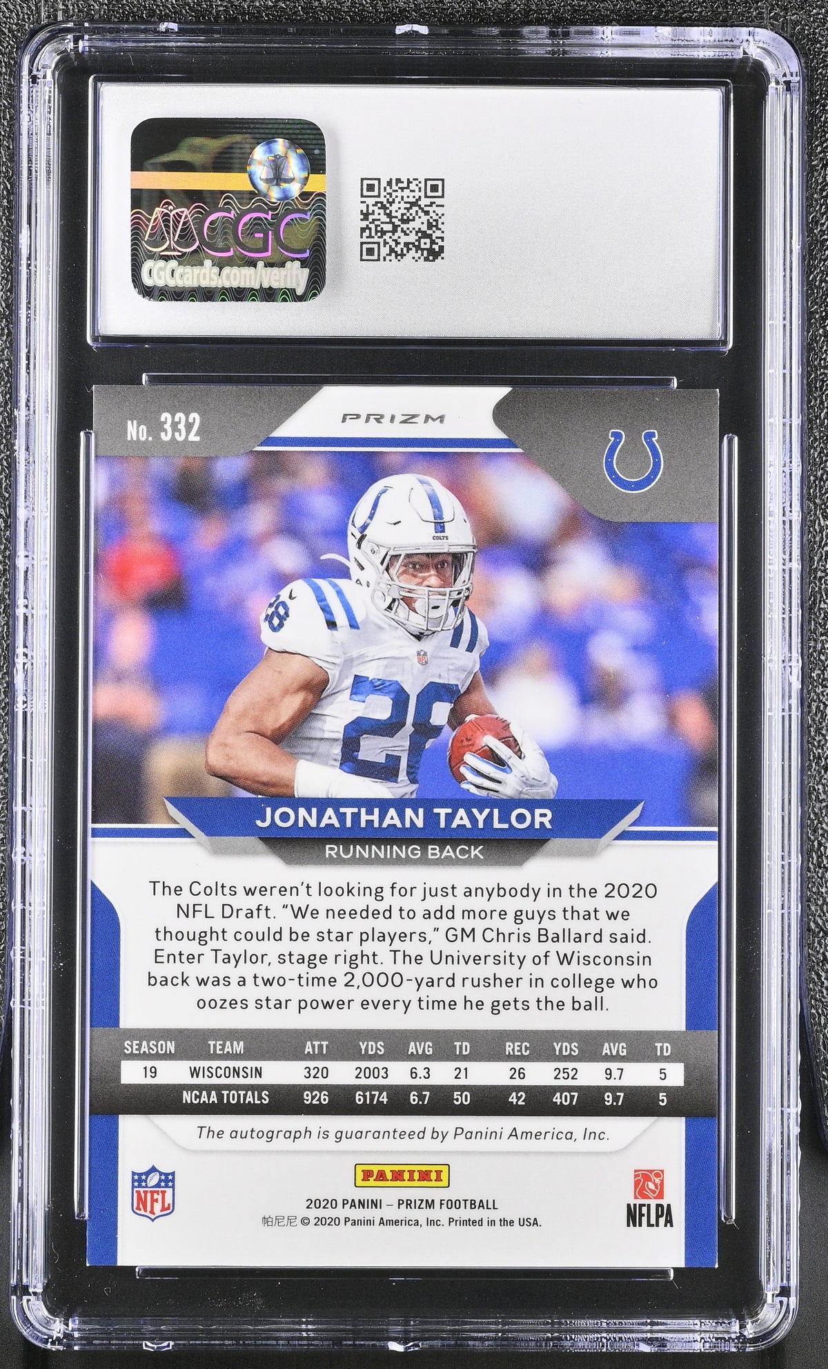 2020 Panini Prizm Jonathan Taylor Silver Rookie Autographs #332 CGC 9 Colts
