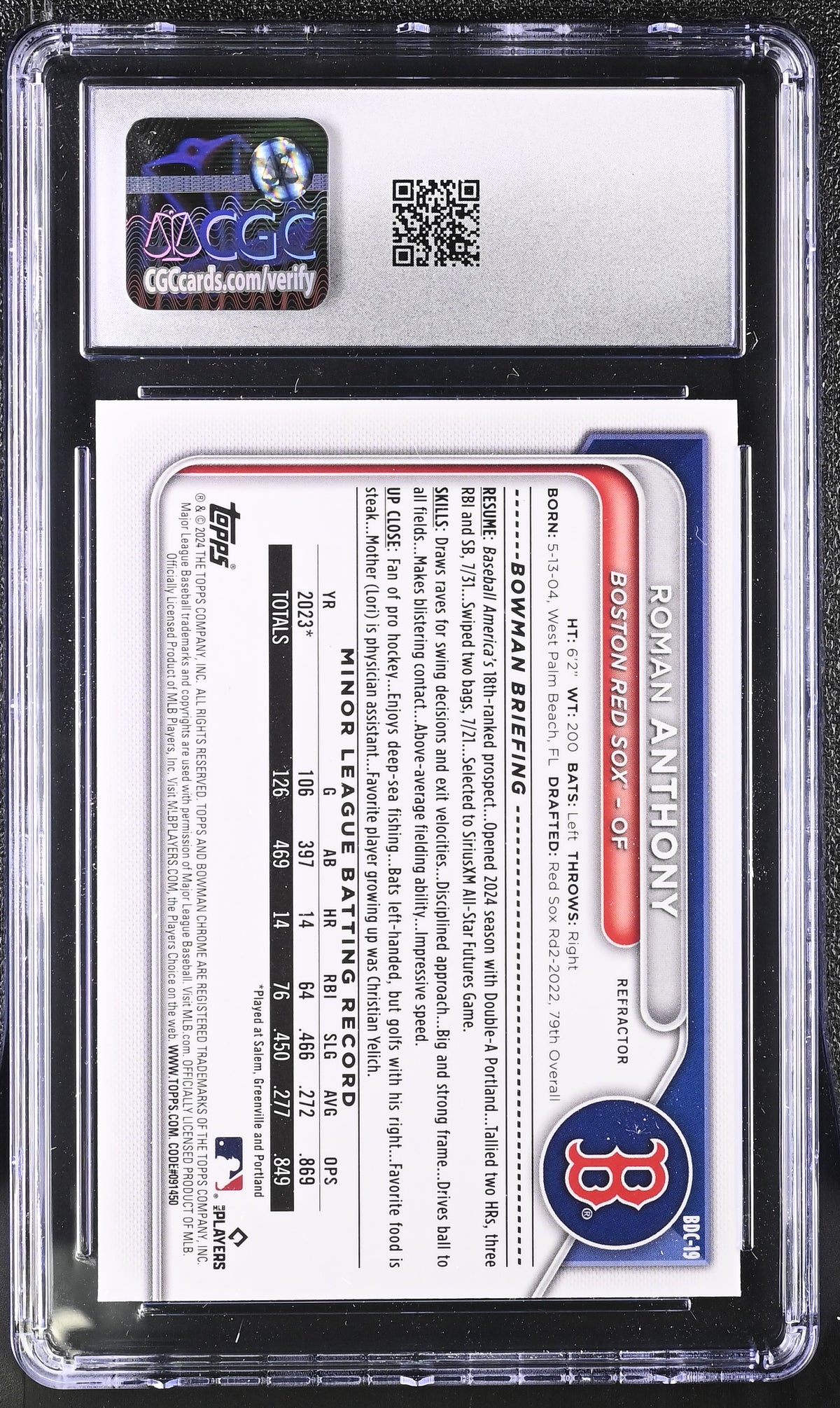 2024 Bowman Draft Roman Anthony Refractor Rookie Chrome #BDC-19 CGC 10 Red Sox
