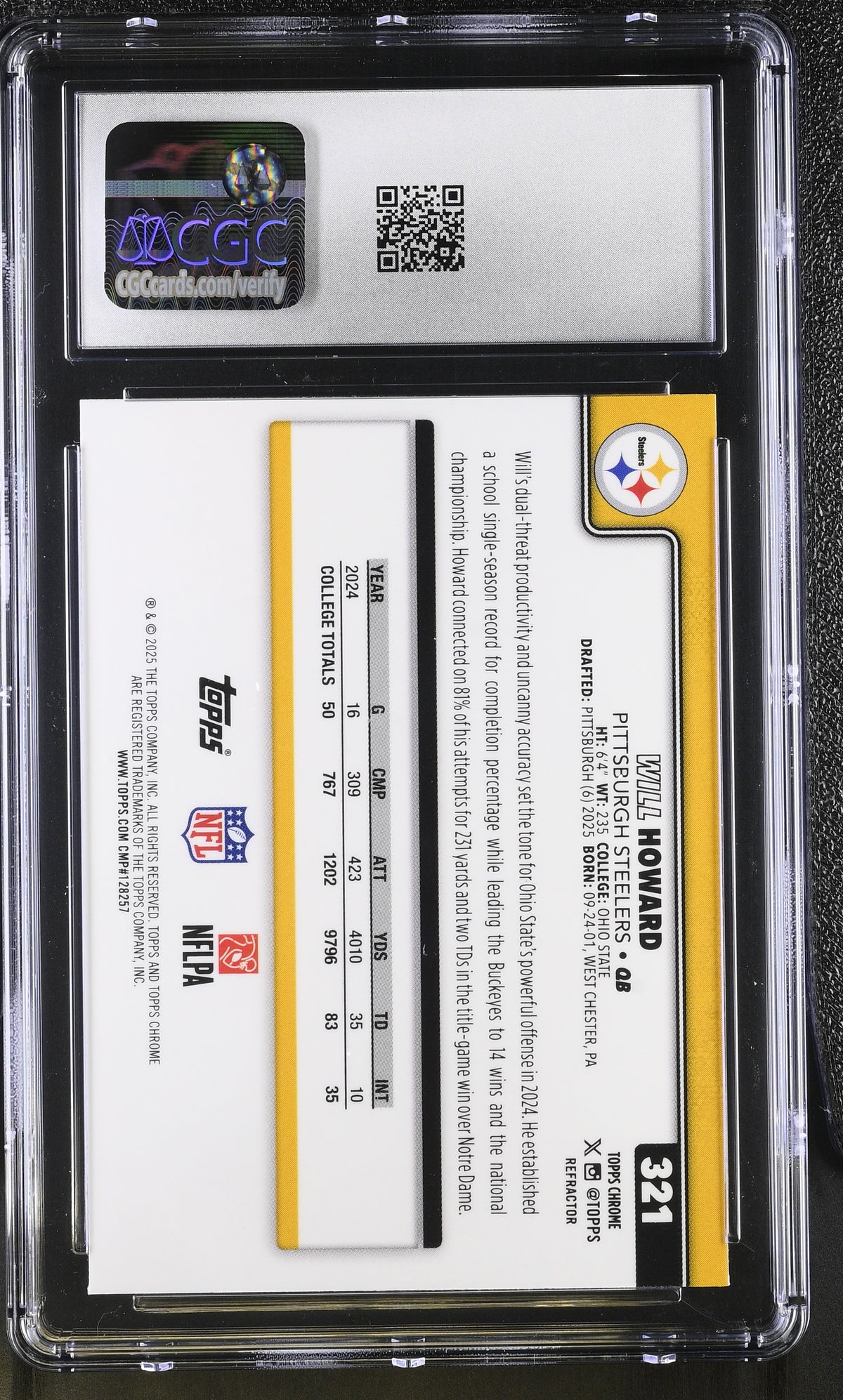 2025 Topps Chrome Will Howard Refractor Rookie #321 CGC 9.5 Pittsburgh Steelers