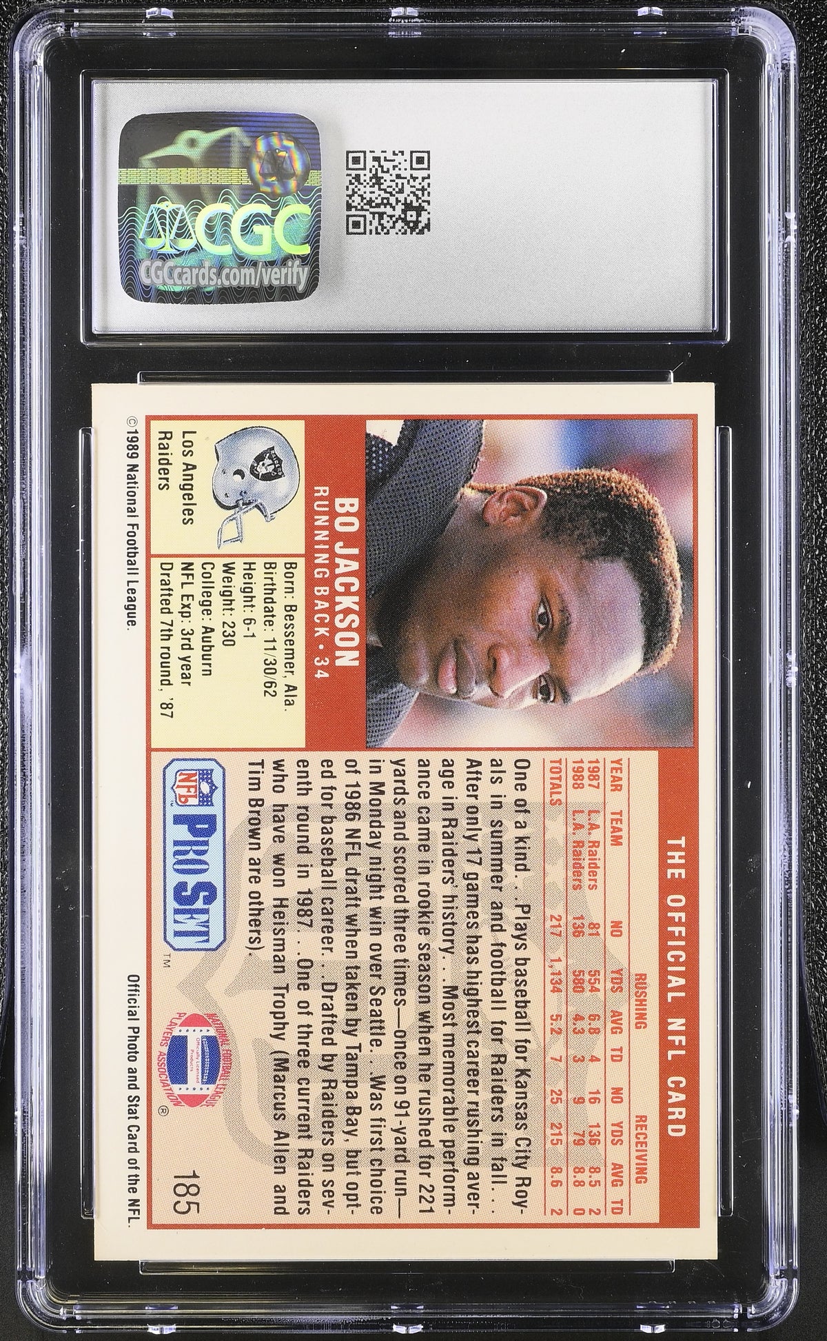 1989 Pro Set Bo Jackson #185 CGC 10 Oakland Raiders