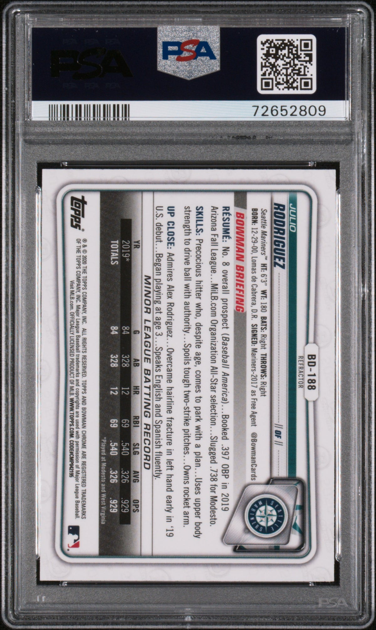 2020 Bowman Draft Julio Rodriguez Chrome Refractor Rookie #BD188 PSA 10 Mariners