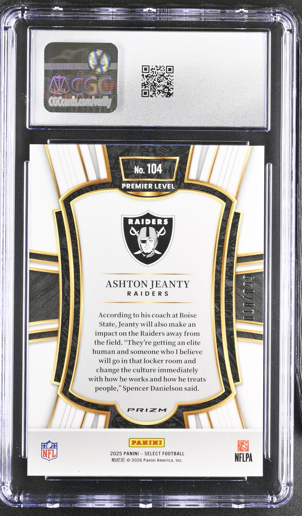 2025 Panini Select Ashton Jeanty Copper Shock /899 Rookie #104 CGC 10 Raiders