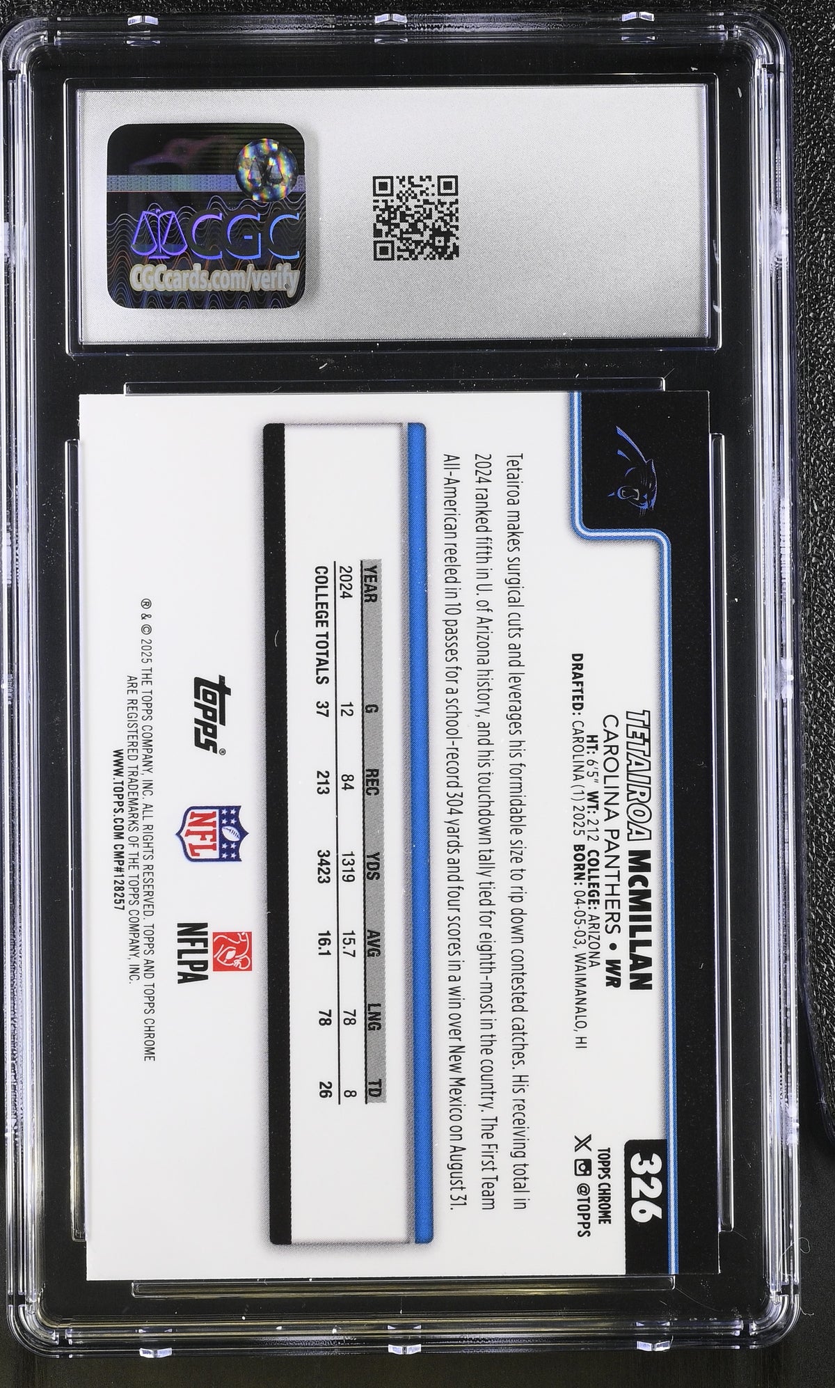 2025 Topps Chrome Tetairoa McMillan X-Fractor Rookie #326 CGC 9 Panthers