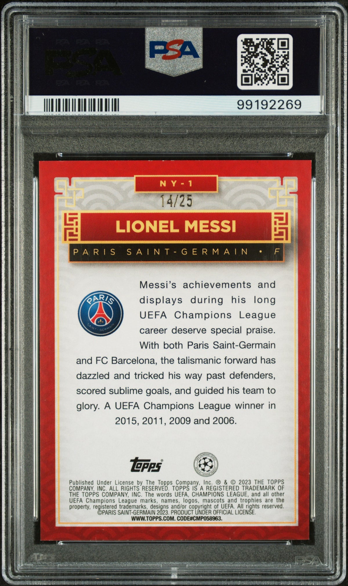 2022 Topps Jade Edition UEFA Lionel Messi Orange /25 #NY1 PSA 8 PSG