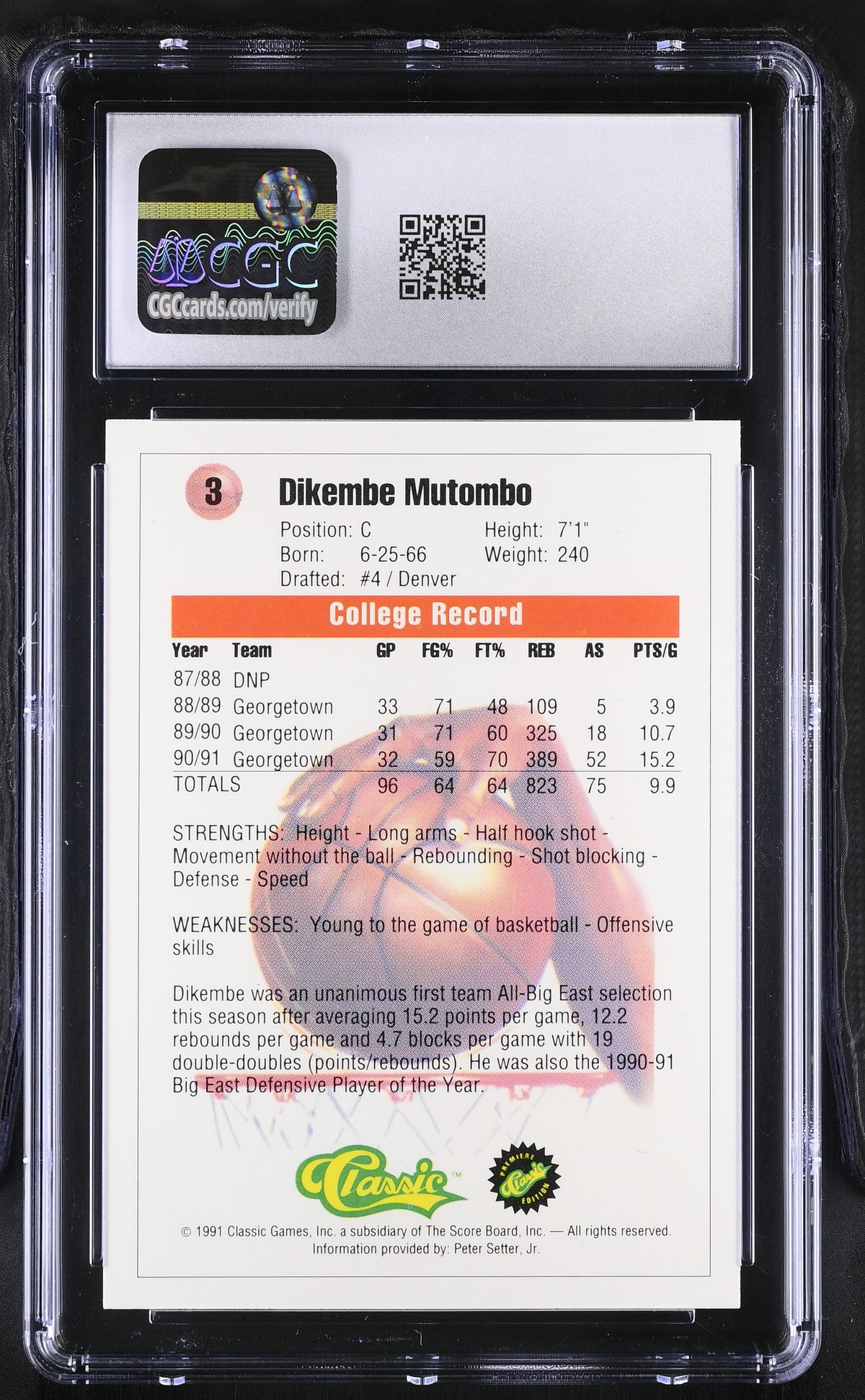 1991 Classic Dikembe Mutombo Rookie #3 CGC 9.5 Denver Nuggets