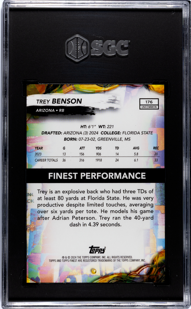 2024 Topps Finest Trey Benson Black Refractor /20 Rookie #176 SGC 8.5 Cardinals