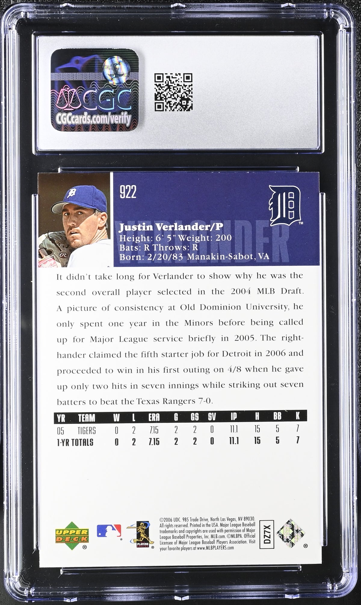 2006 Upper Deck Justin Verlander #922 CGC 10 Detroit Tigers