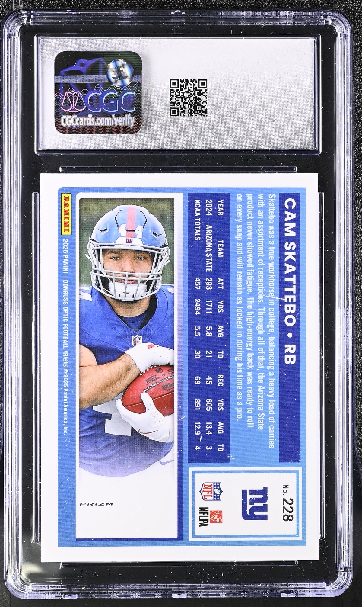 2025 Donruss Optic Cam Skattebo Purple Shock Rookie #228 CGC 9.5 New York Giants
