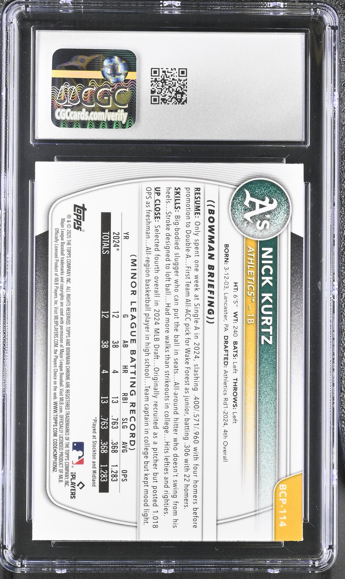 2025 Bowman Mega Box Nick Kurtz Rookie #BCP-114 CGC 10 Oakland Athletics