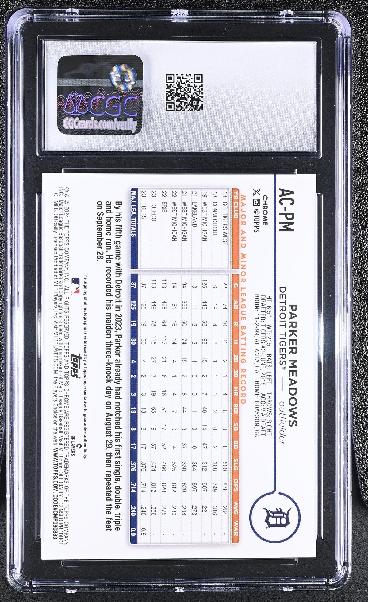 2024 Topps Chrome Update Parker Meadows Aqua Wave /199 Rookie Auto #AC-PM CGC 10