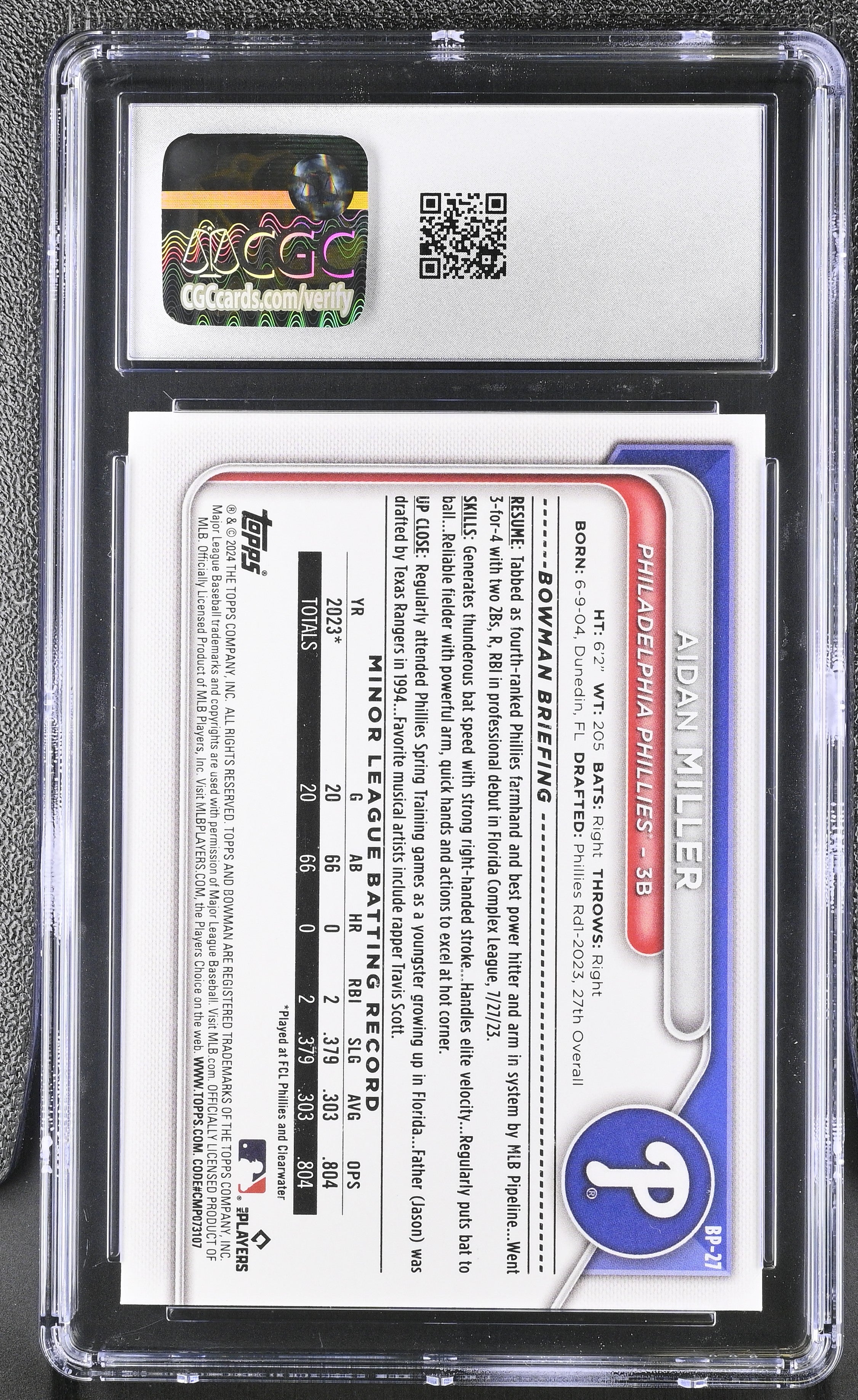 2024 Bowman Aidan Miller #BP-27 Prospects CGC 10