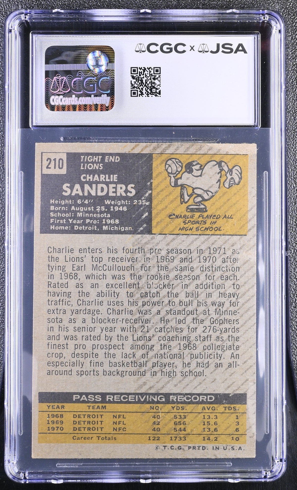 1971 Topps Charlie Sanders Auto Autograph #210 CGC Authentic JSA Detroit Lions