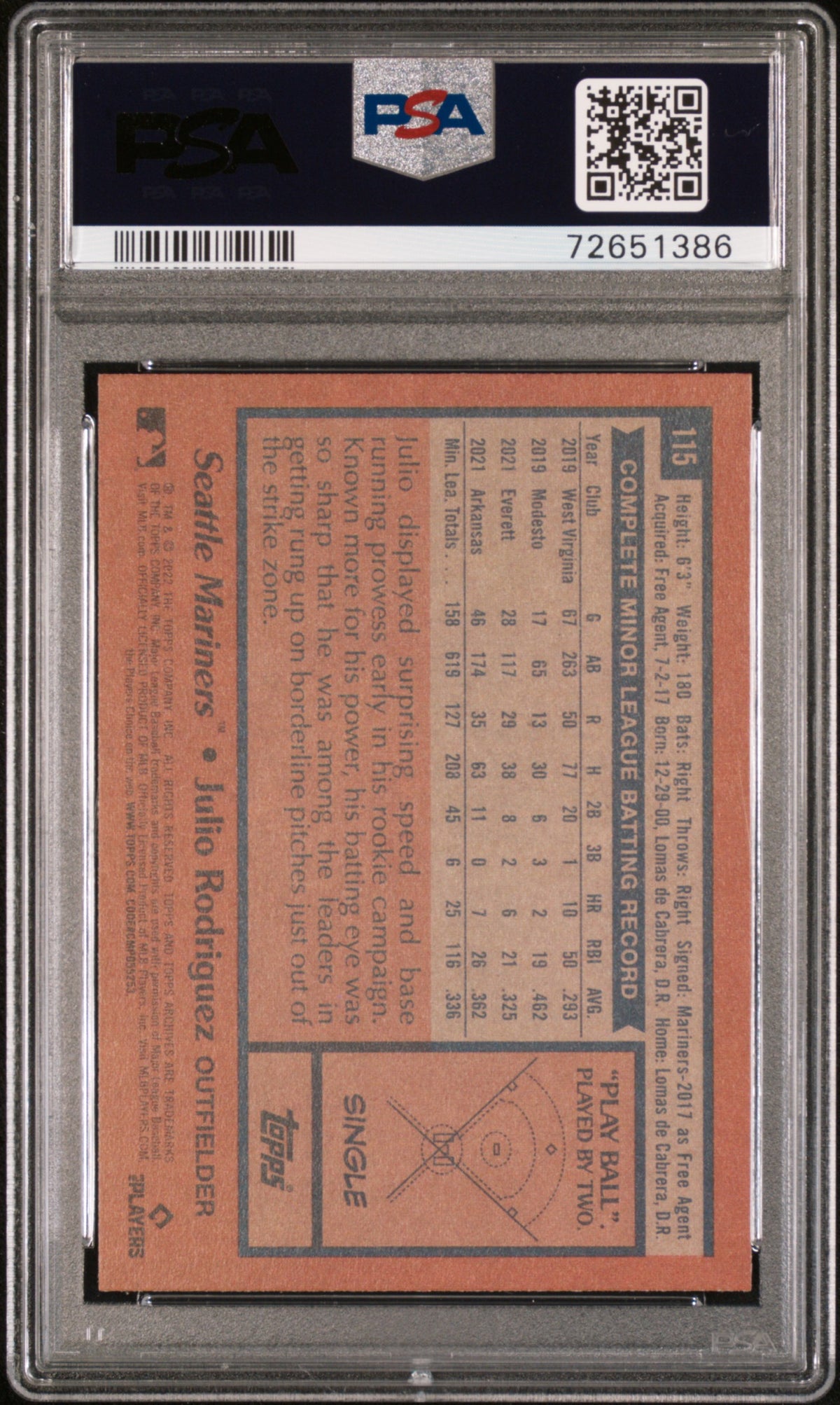 2022 Topps Archives Julio Rodriguez Rookie #115 PSA 10 Seattle Mariners