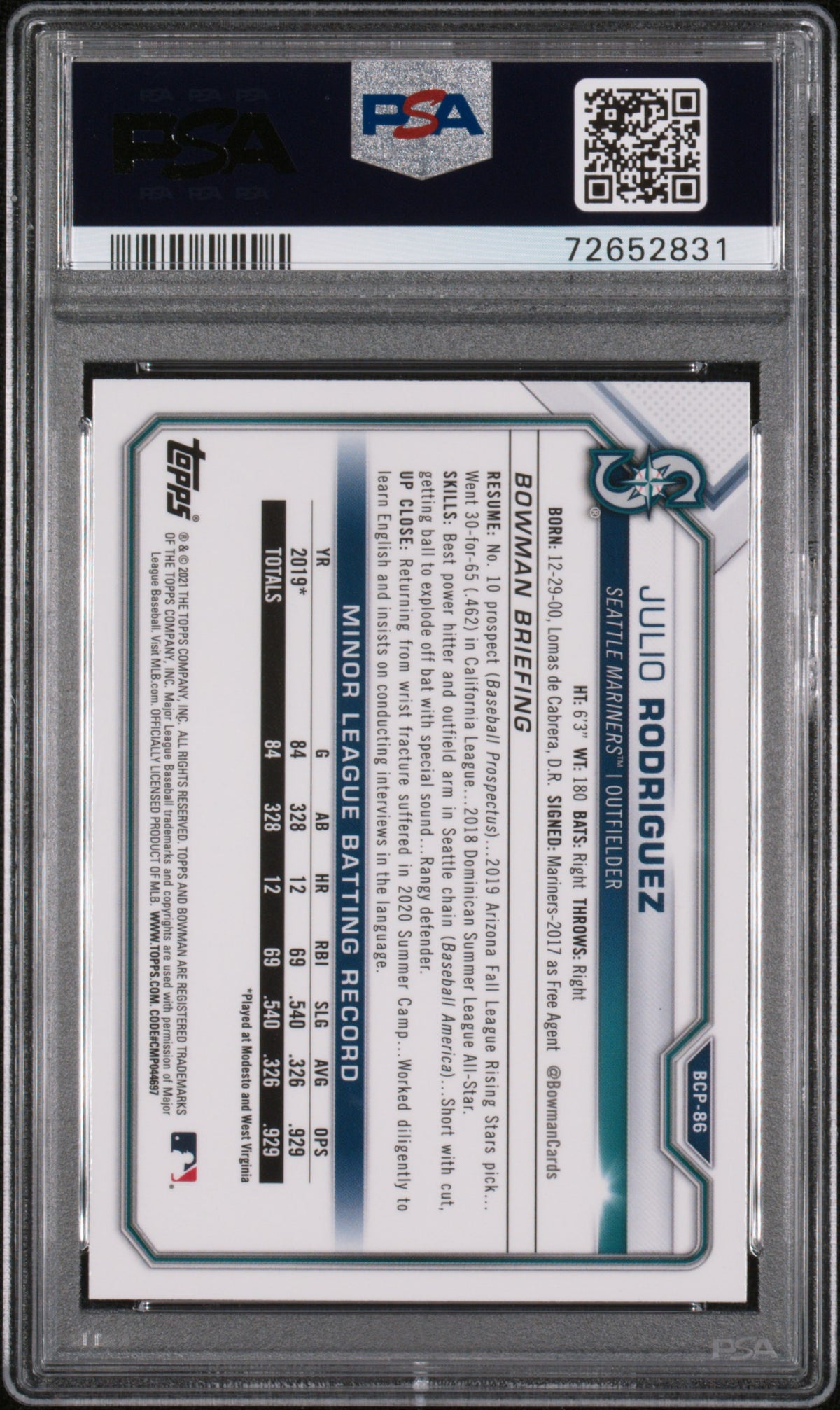 2021 Bowman Mega Box Chrome Julio Rodriguez Rookie #BCP86 PSA 10 Mariners