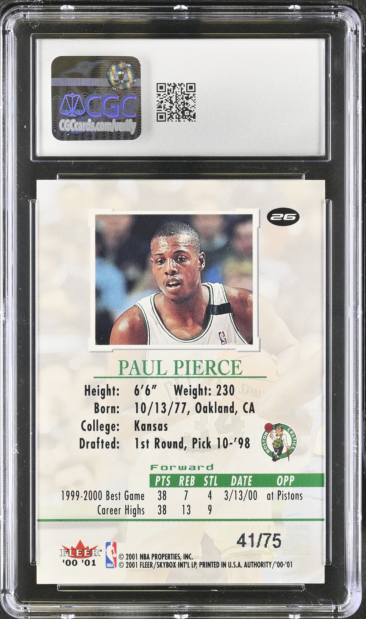 2000-01 Fleer Authority Paul Pierce /75 Prominence #26 CGC 9 Boston Celtics