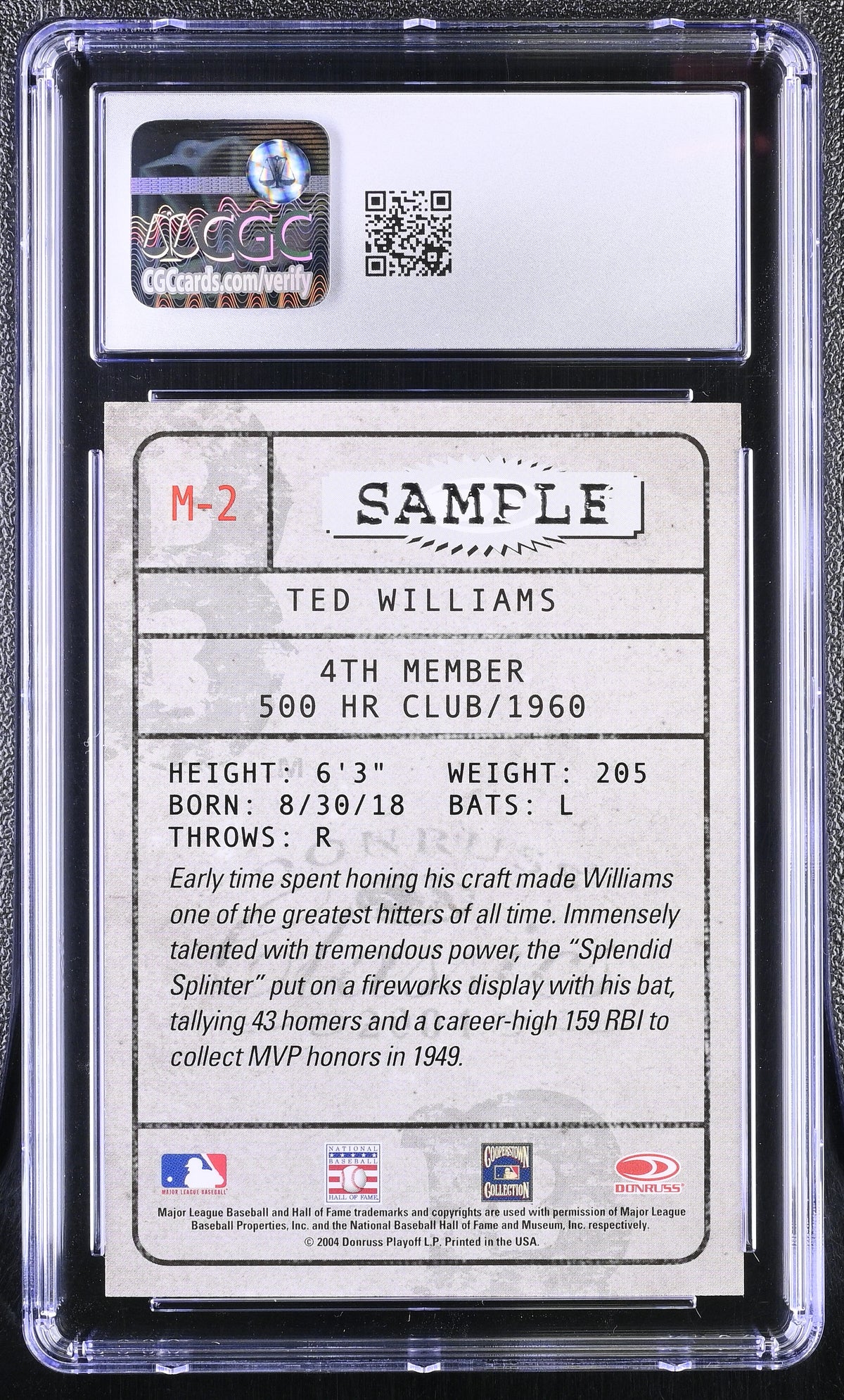 2004 Donruss Classics Ted Williams Membership #M-2 CGC 10 Boston Red Sox