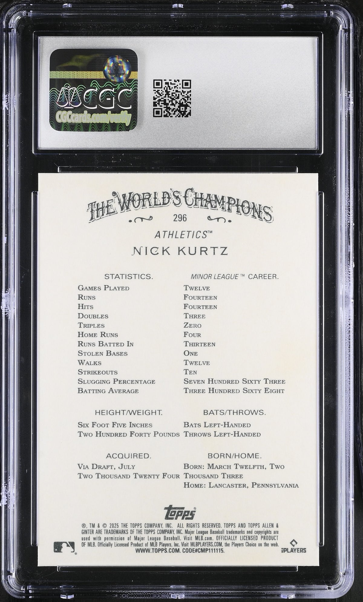 2025 Topps Allen & Ginter Nick Kurtz Rookie #296 CGC 10 Oakland Athletics