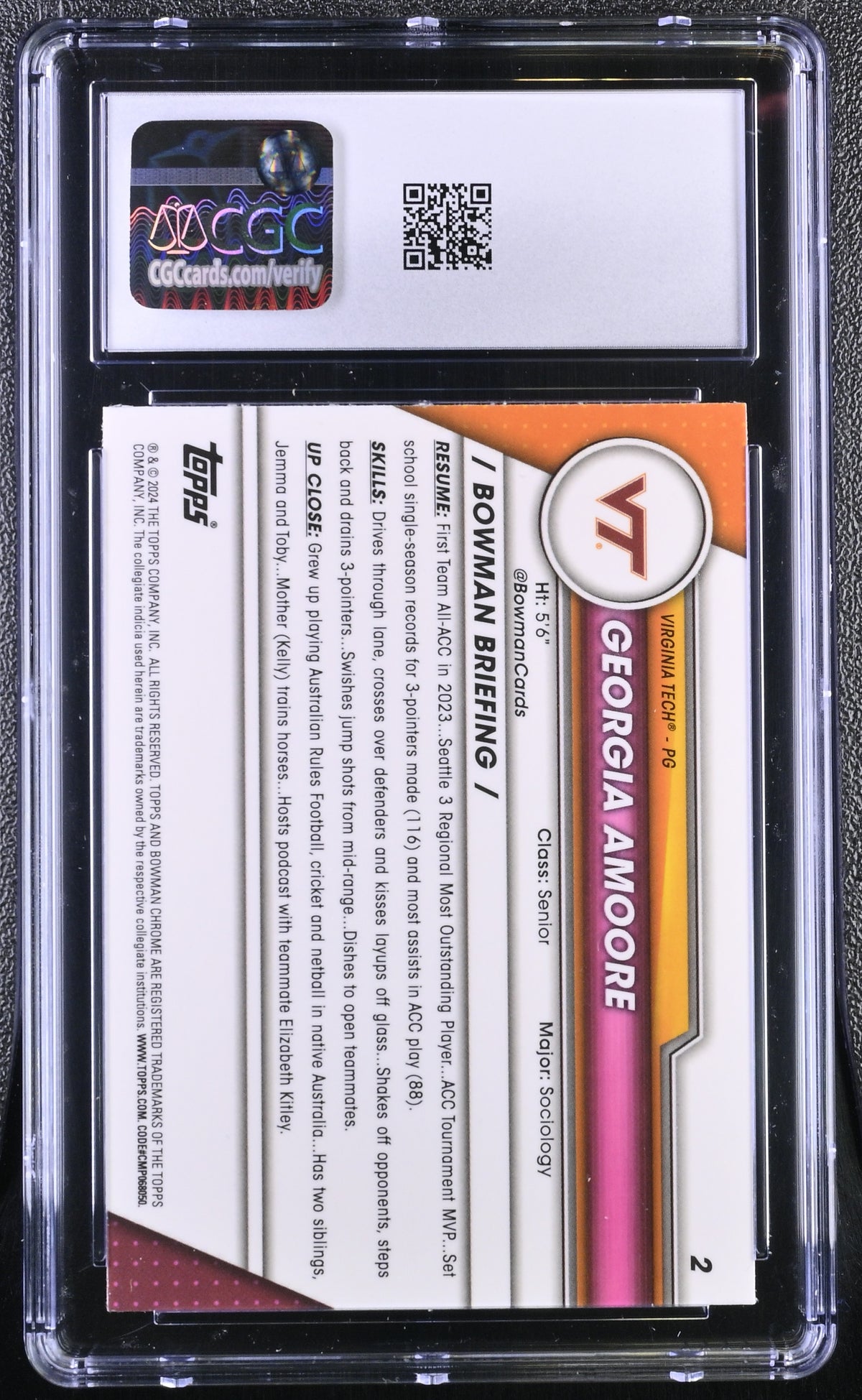 2023-24 Bowman University Sapphire Georgia Amoore Rookie 2 CGC 9.5 Virginia Tech