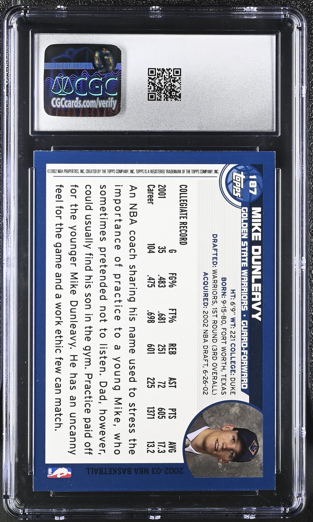 2002-03 Topps Mike Dunleavy Rookie #187 CGC 9.5 Golden State Warriors