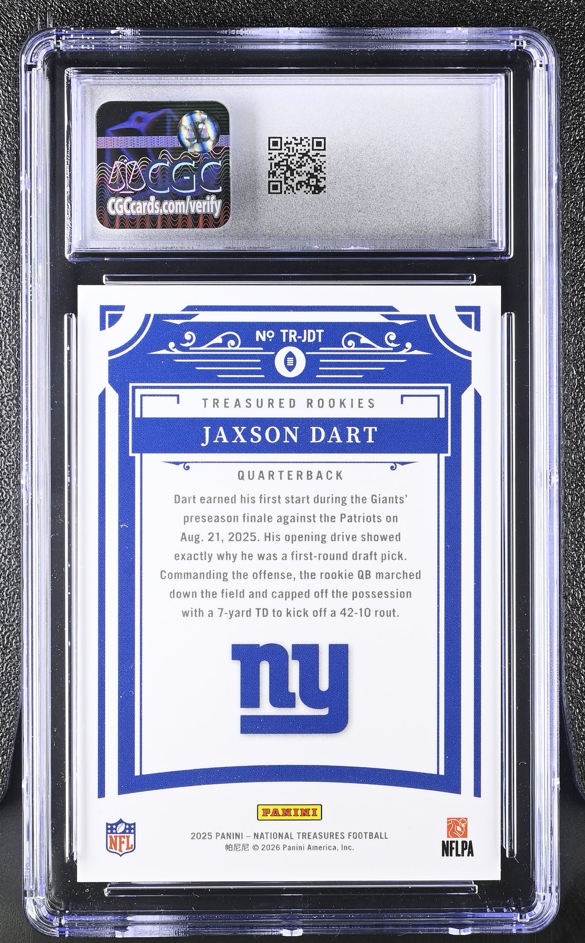 2025 National Treasures Jaxson Dart /99 Treasured Rookies #TR-JDT CGC 10 Giants