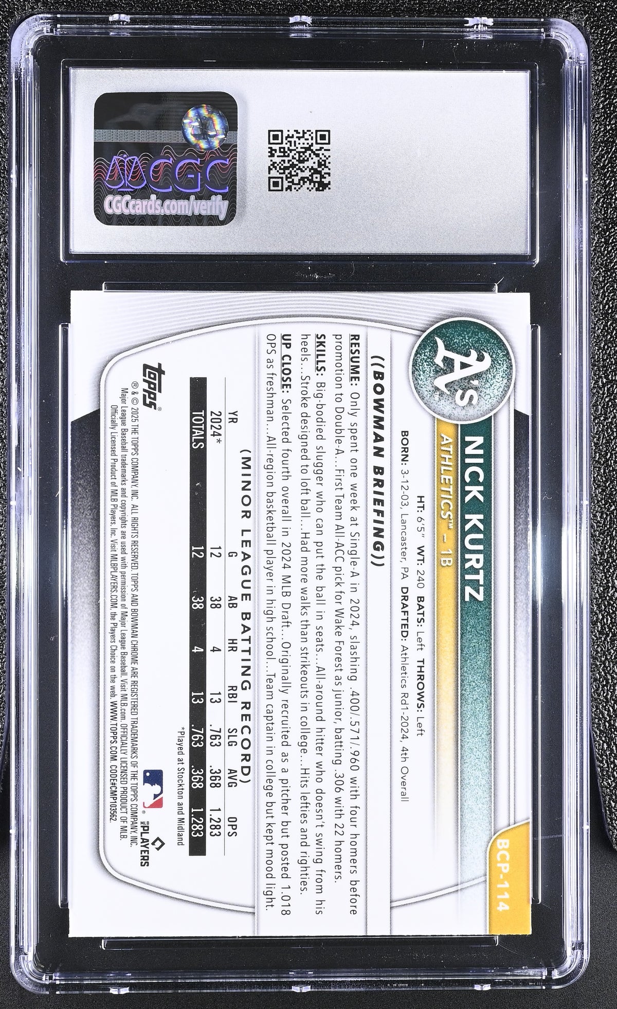 2025 Bowman Mega Box Nick Kurtz Rookie #BCP-114 CGC 10 Oakland Athletics