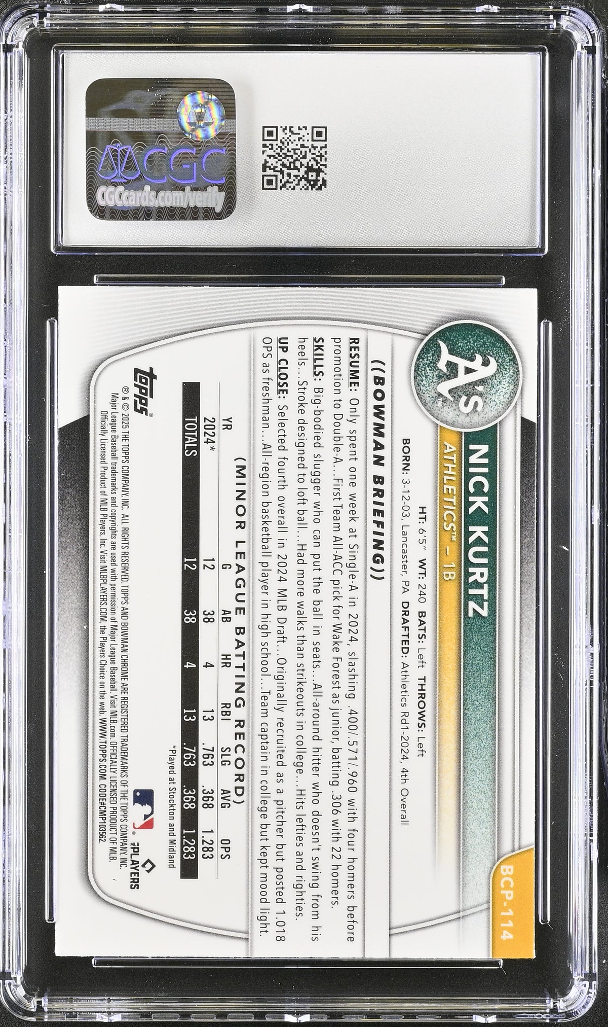 2025 Bowman Mega Box Nick Kurtz Rookie #BCP-114 CGC 9 Oakland Athletics