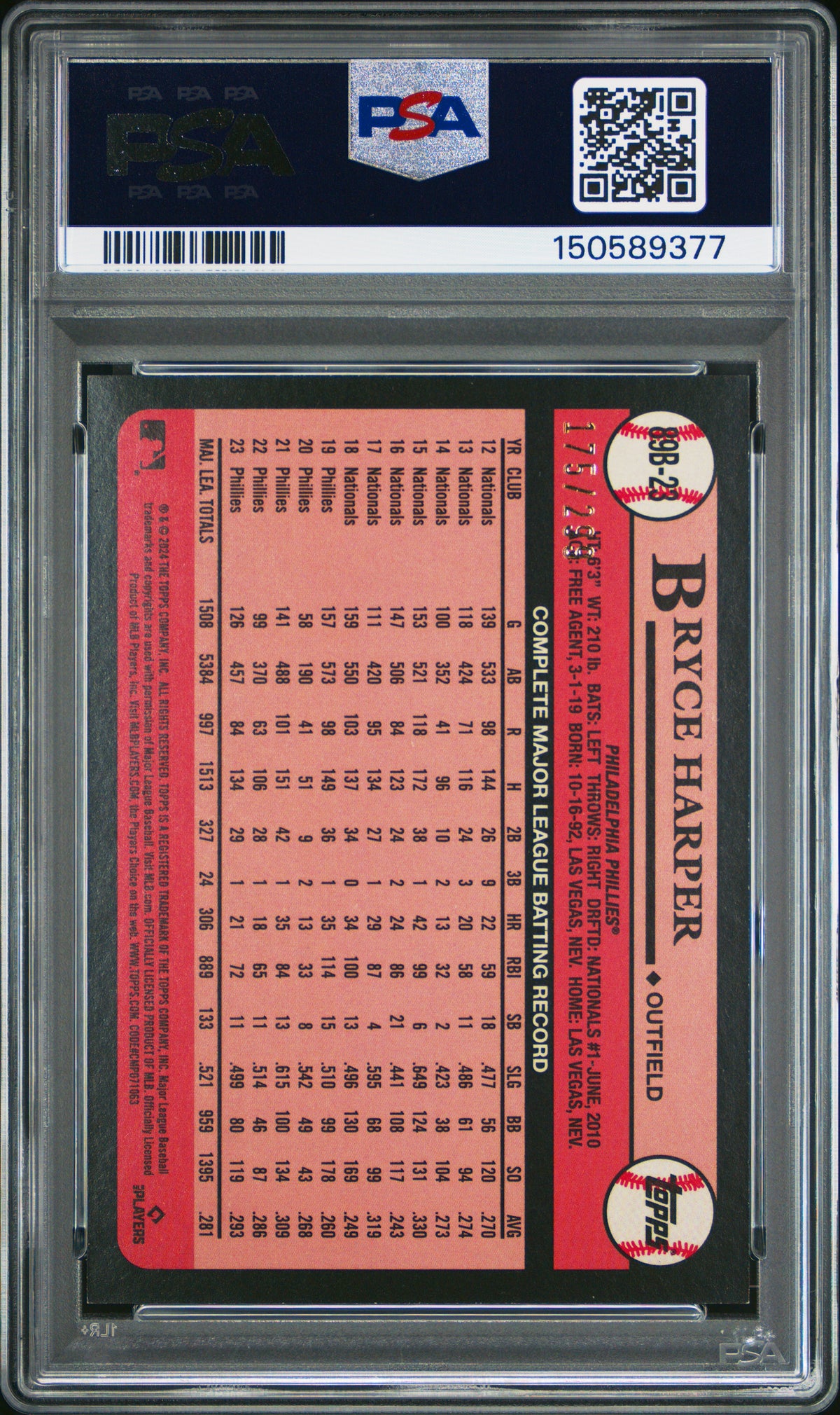 2024 Topps 1989 Topps Baseball Bryce Harper Black /299 #89B23 PSA 6 Phillies