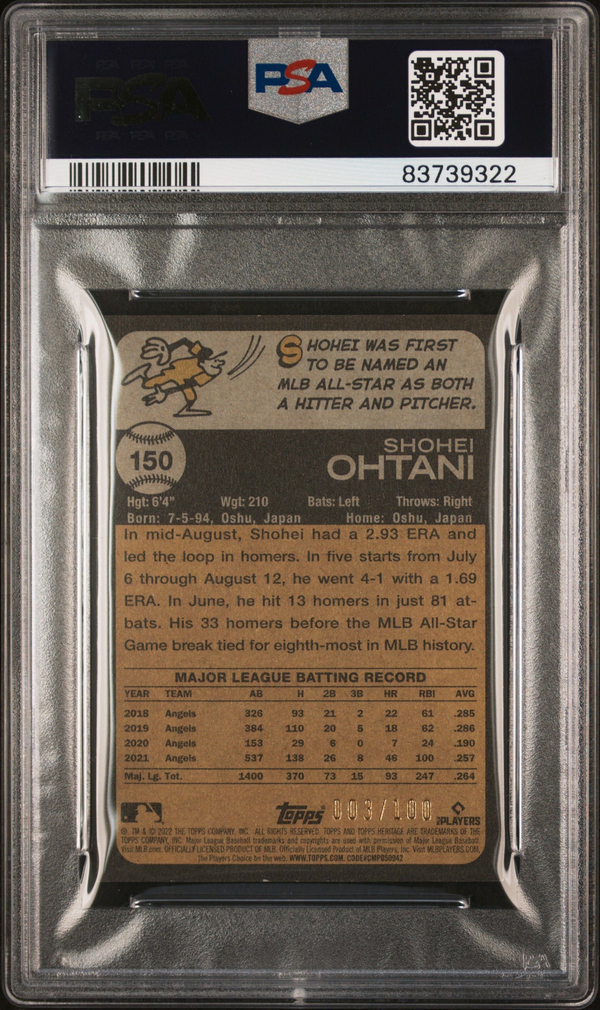 2022 Topps Heritage Shohei Ohtani Mini /100 #150 PSA 9 Los Angeles Angels