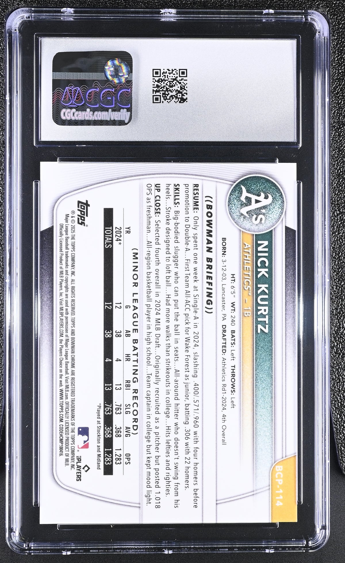2025 Bowman Nick Kurtz Speckle Refractor /299 Rookie Chrome #BCP-114 CGC 10