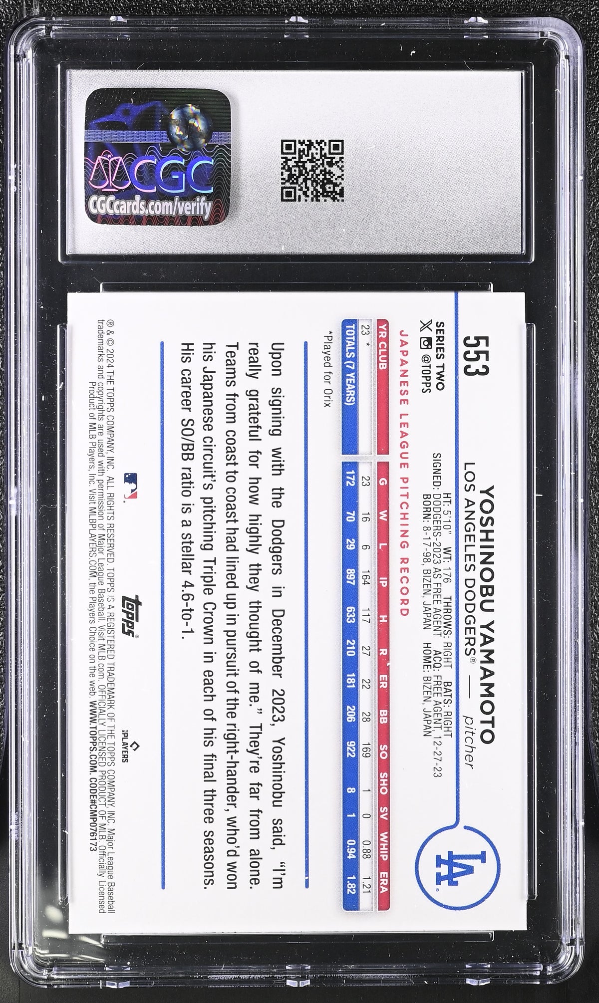 2024 Topps Yoshinobu Yamamoto 582 Montgomery Club Foil Rookie #553 CGC 9 Dodgers