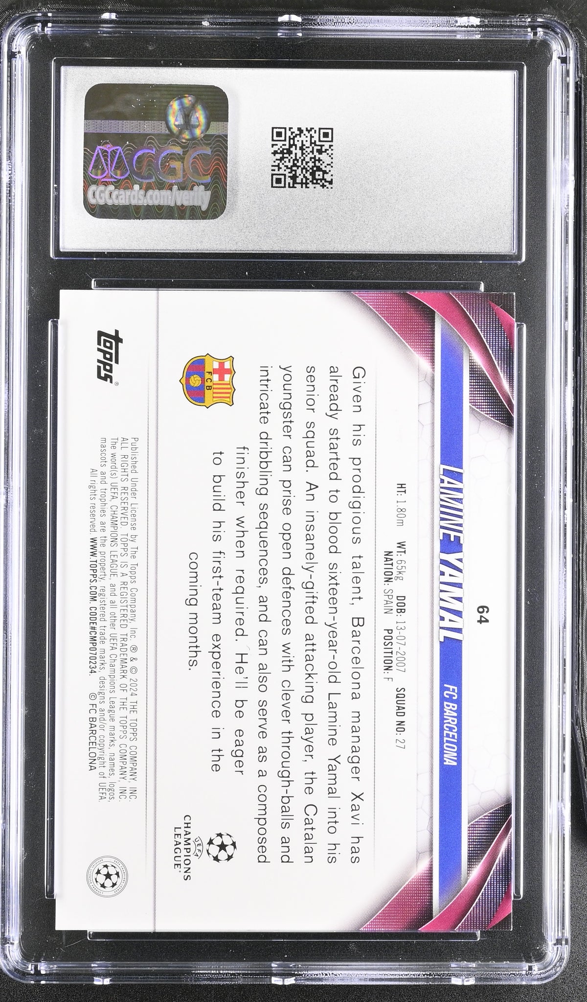 2023-24 Topps UEFA CC Lamine Yamal Rookie #64 CGC 10 FC Barcelona