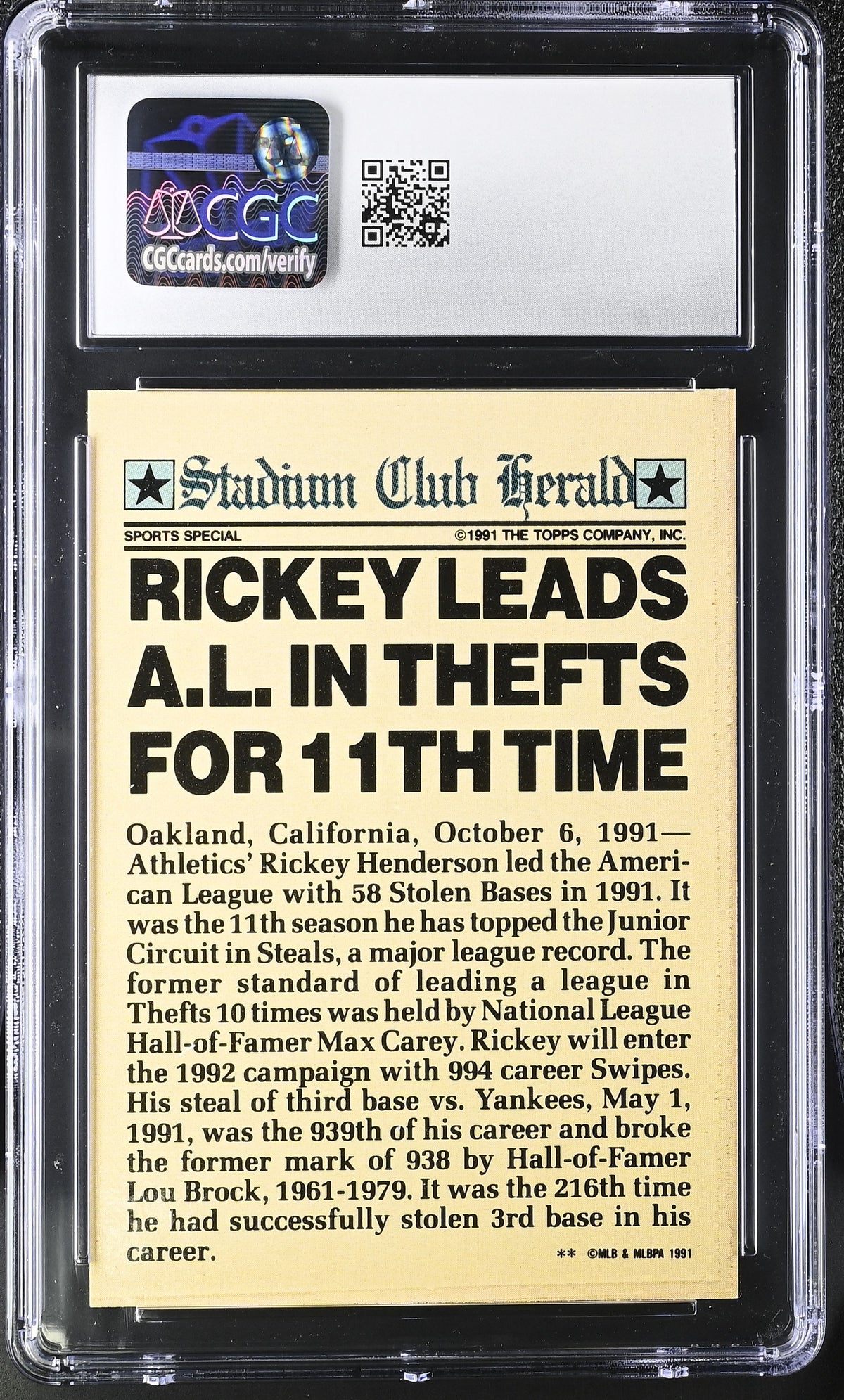 1991 Stadium Club Members Only Rickey Henderson CGC 10 Athletics