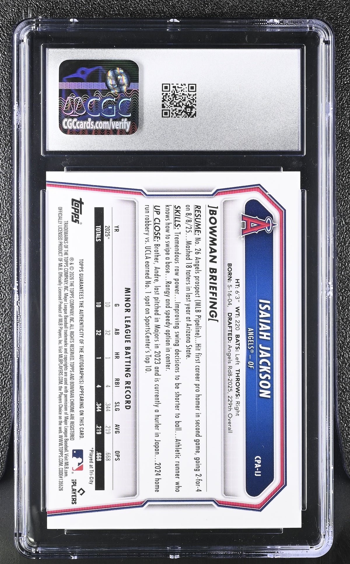 2026 Bowman Isaiah Jackson Purple /250 Rookie Chrome Auto CPA-IJ CGC 10 National