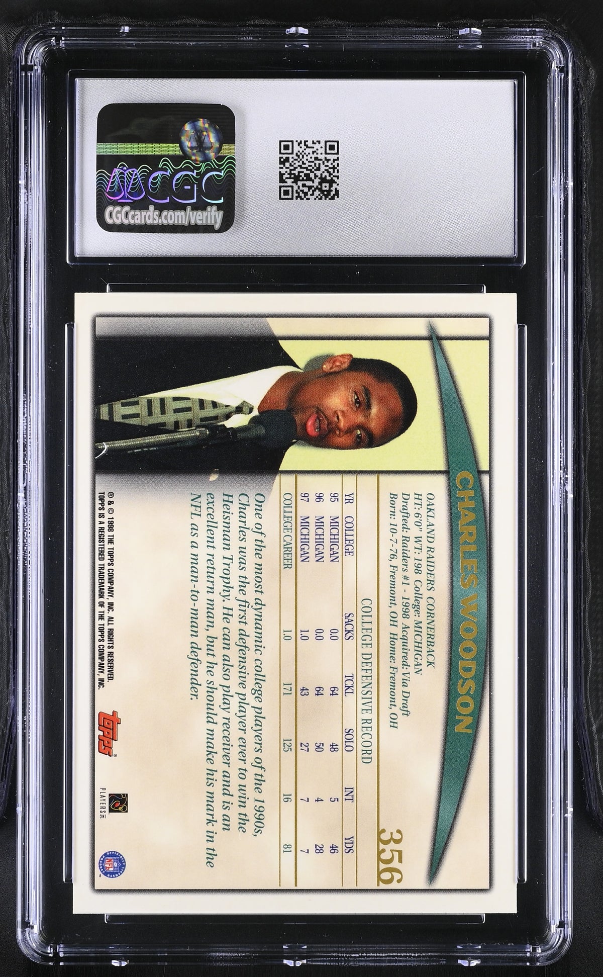 1998 Topps Charles Woodson Rookie #356 CGC 9 Oakland Raiders