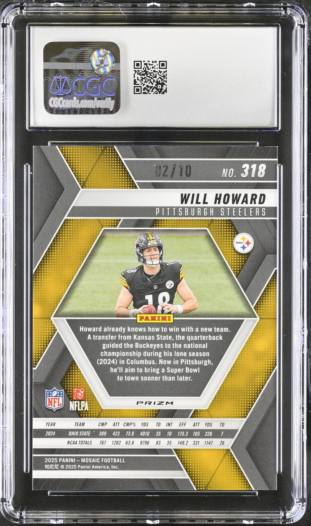 2025 Panini Mosaic Will Howard Gold Wave /10 Rookie #318 CGC 10 Steelers