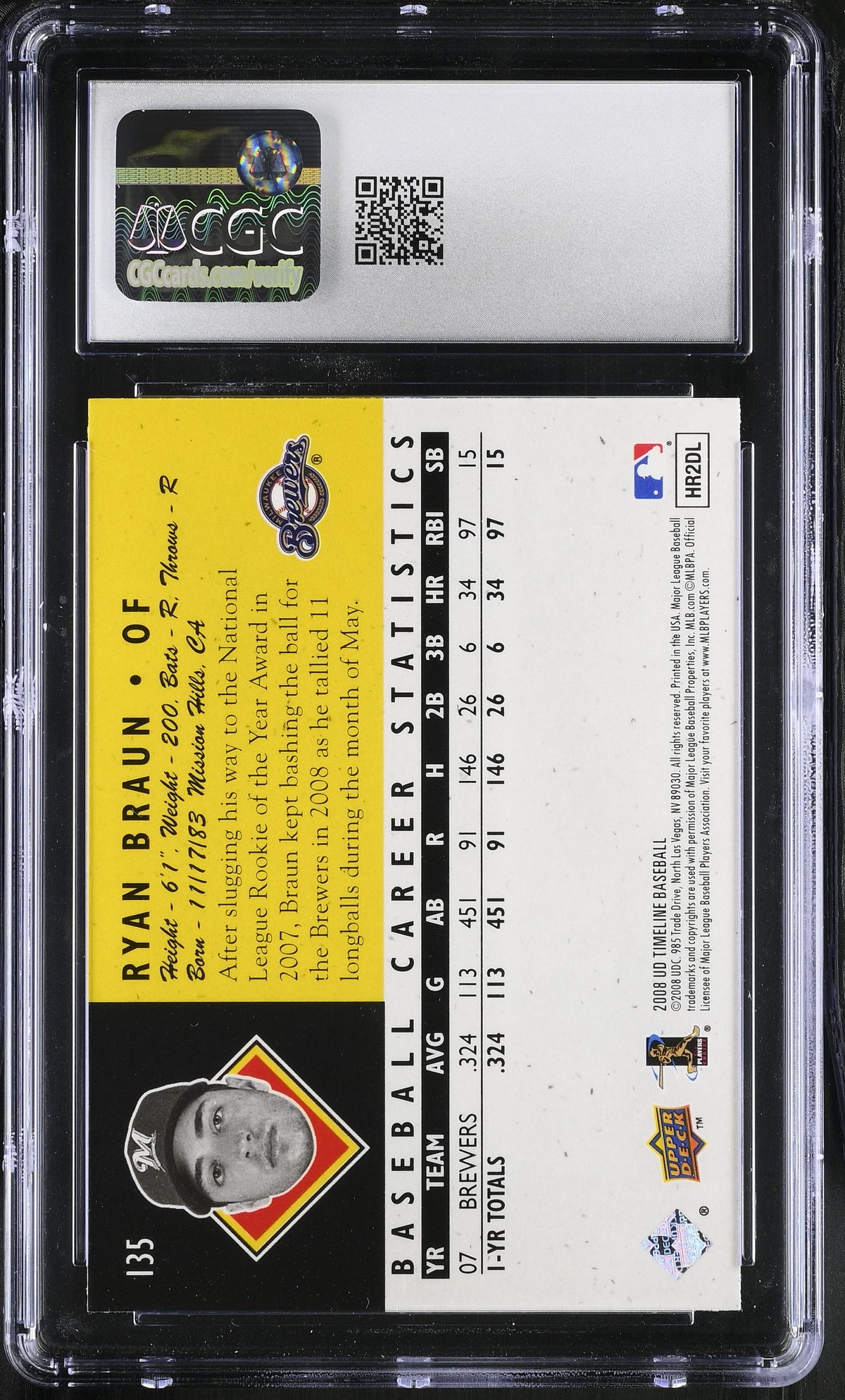 2008 Upper Deck Timeline Ryan Braun #135 CGC 9.5