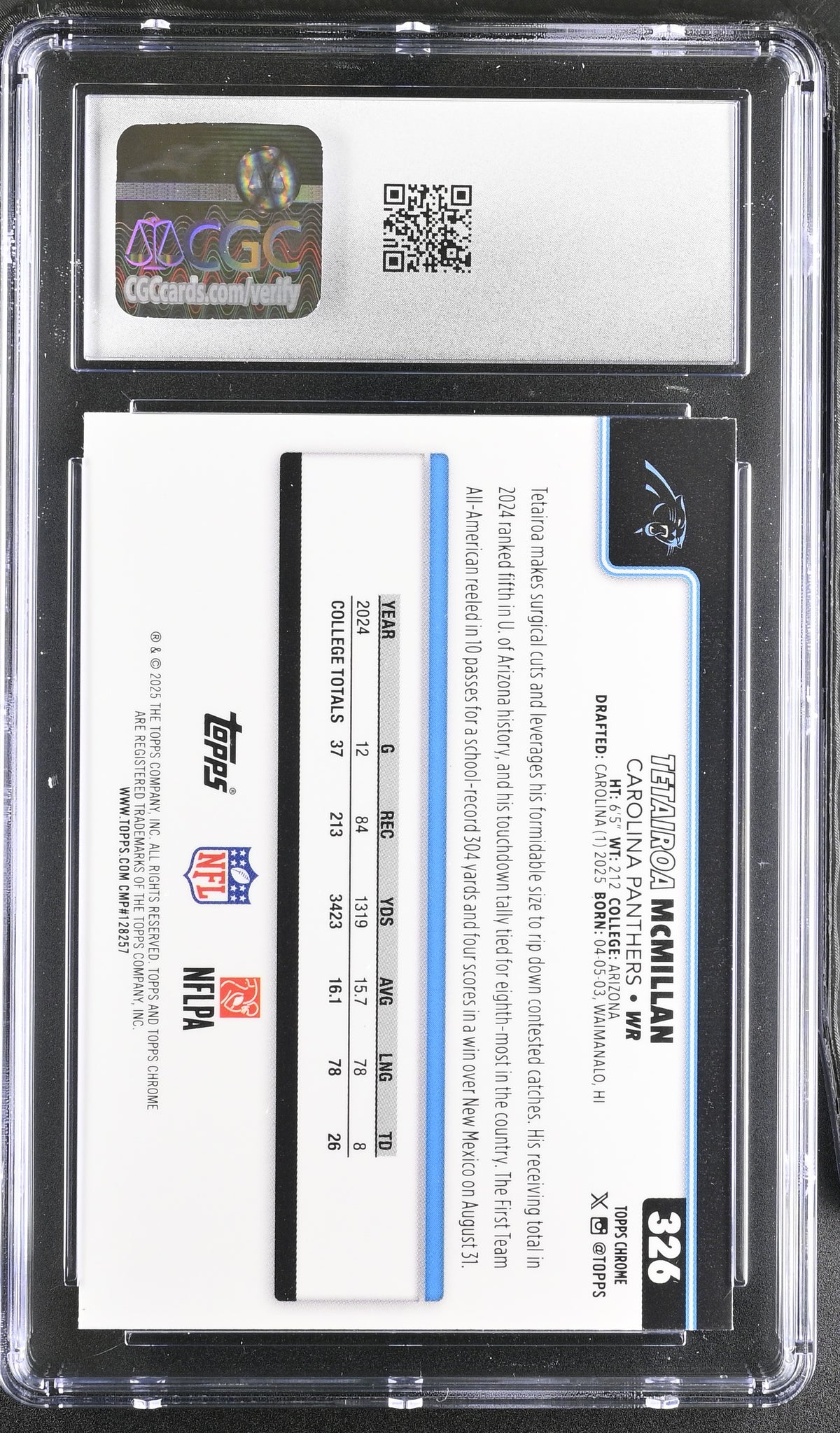 2025 Topps Chrome Tetairoa McMillan Pulsar Refractor Rookie #326 CGC 9 Panthers