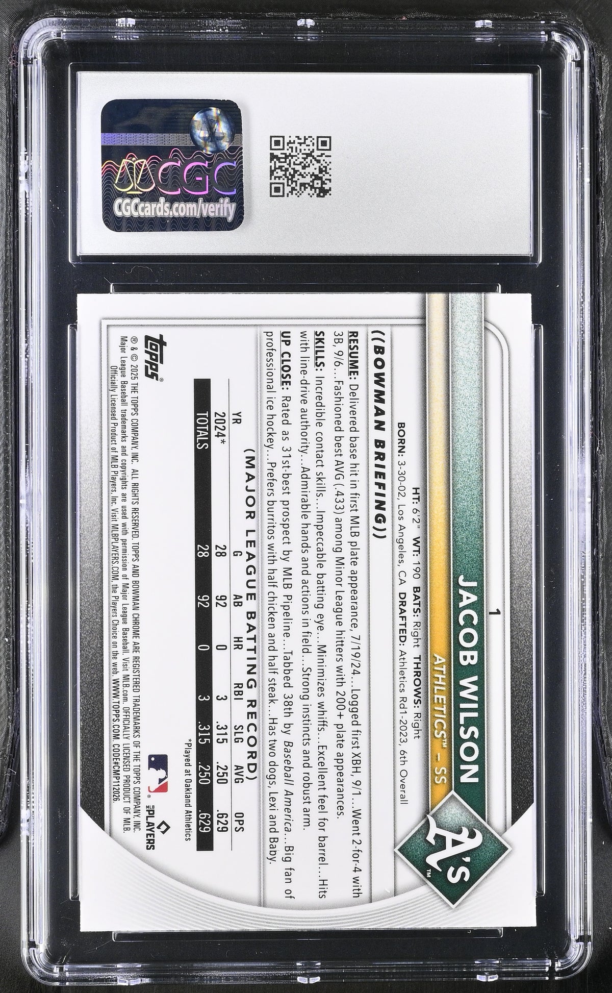 2025 Bowman Chrome Jacob Wilson Rookie #1 CGC 10 Oakland Athletics