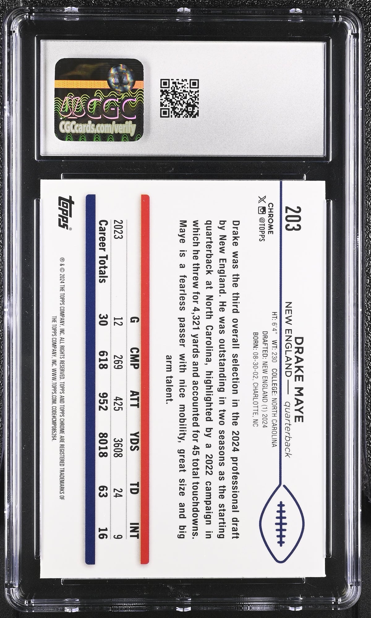 2024 Topps Chrome Drake Maye Rookie #203 CGC 10 New England Patriots