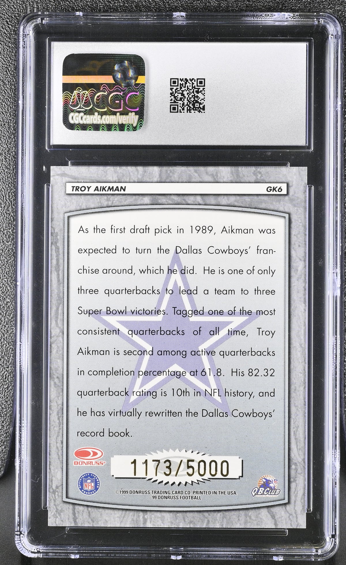 1999 Donruss Troy Aikman 1173/5000 Gridiron Kings #GK6 CGC 9.5 Dallas Cowboys